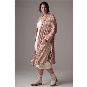 ANTHROPOLOGIE Sequined Embellishment Open Front Duster Jacket, Coral NWT